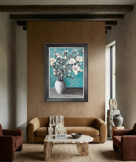 Big size White magnolia in vase