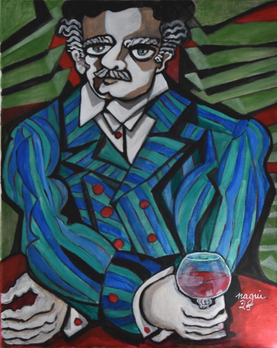 Expressive Portrait Acrylic Painting By Nagui, 16 X 20", Man And Glass, Original Artwork