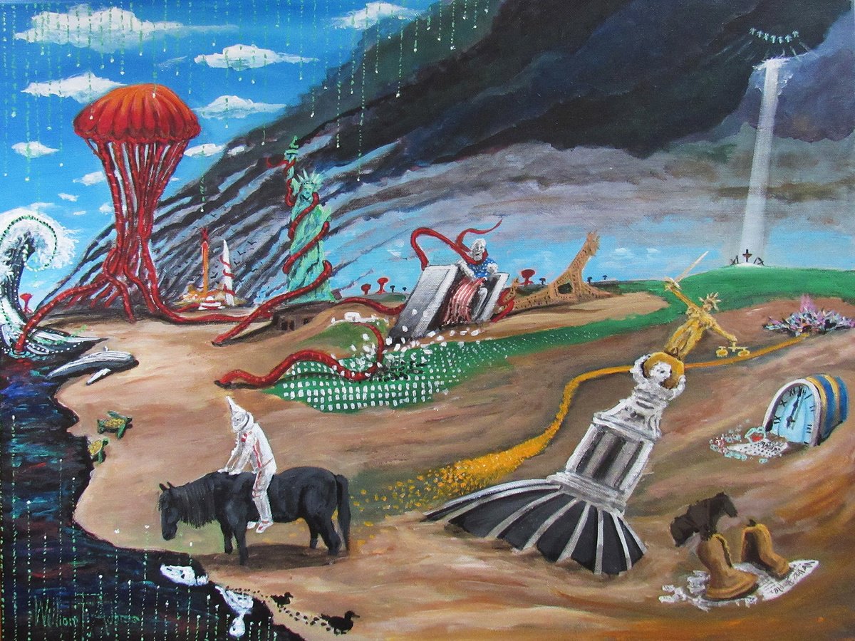 Surrealistic Abstract Acrylic Painting By William F. Adams, 24 X 18", Tin Man In A Broken World!, Original Artwork
