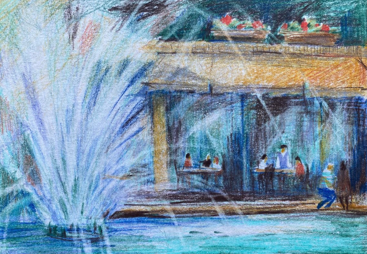 cafe by fountain - pencil drawing by Anna Boginskaia