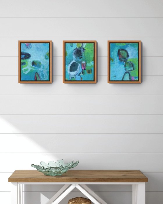 Painting Set of Three: Trio in Turquoise Blue