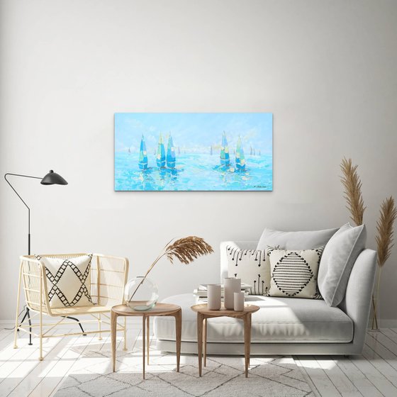 FREEDOM. Sailboats Regatta Modern Seascape Coastal Painting