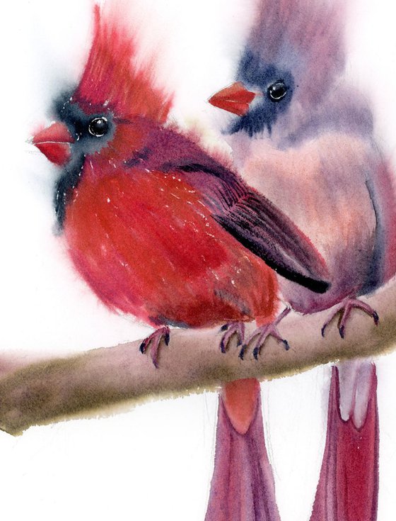 Two Red Cardinals Original Watercolor