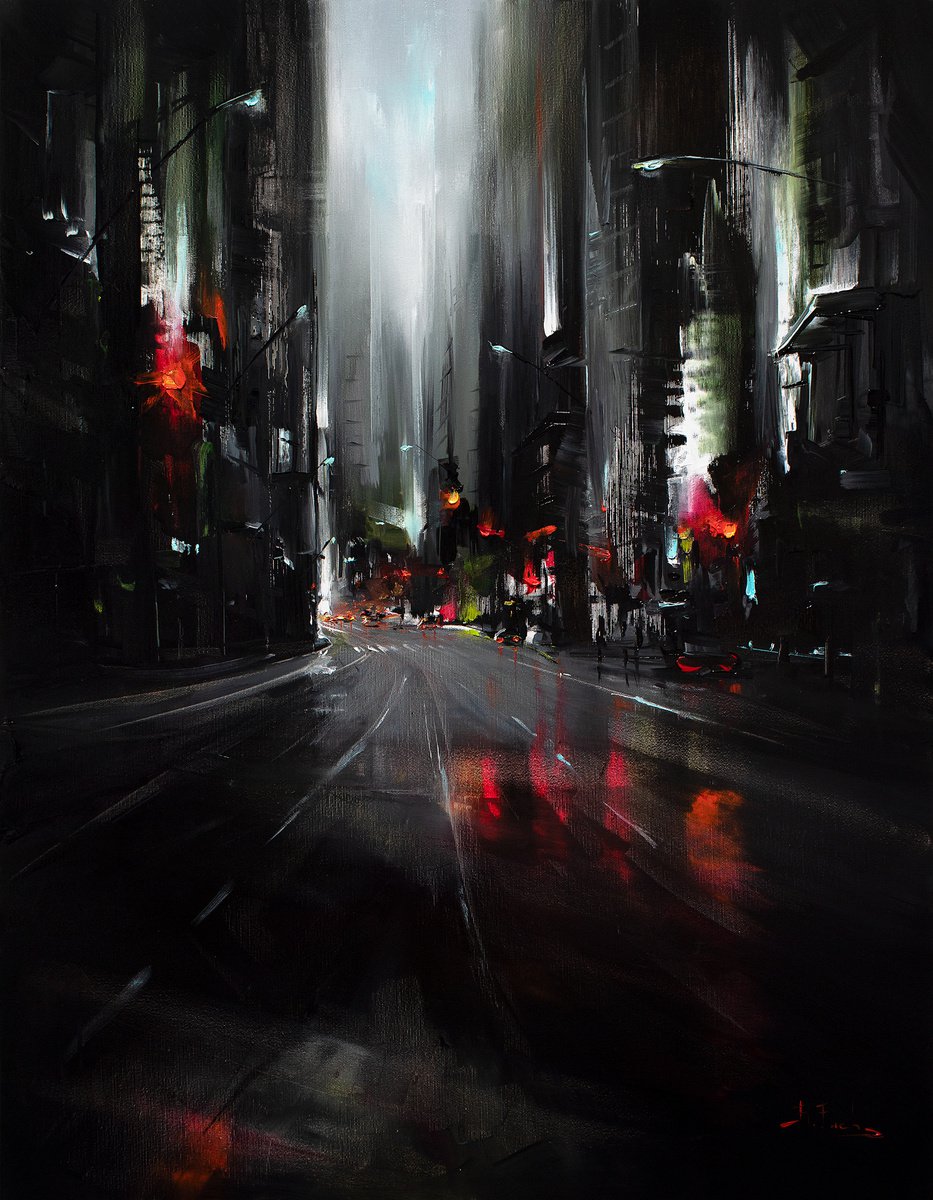 City at night painting by Bozhena Fuchs