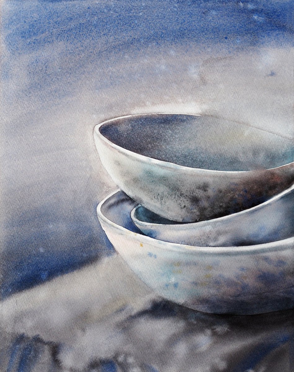 Bowls - original watercolor blue and gray color by Delnara El