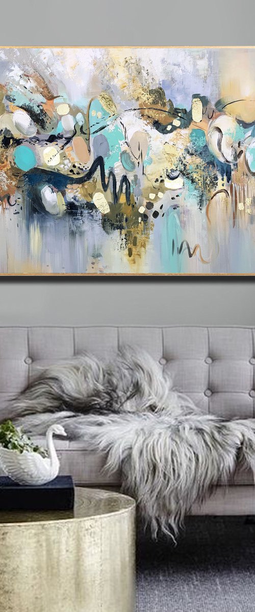 White Chocolate - Abstract Painting 60" x 30" Large Abstract Gold Leaf Soft Colors White Gray Painting by Lana Guise