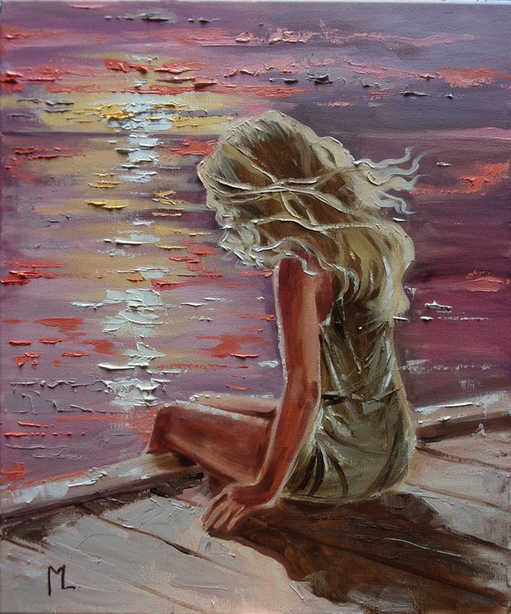 " EVENING ... " SUN SKY SEA SAND liGHt  ORIGINAL OIL PAINTING, GIFT, PALETTE KNIFE