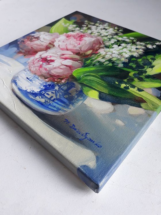 Lily of the valley and peonies flowers in the summer shine, Floral painting on canvas