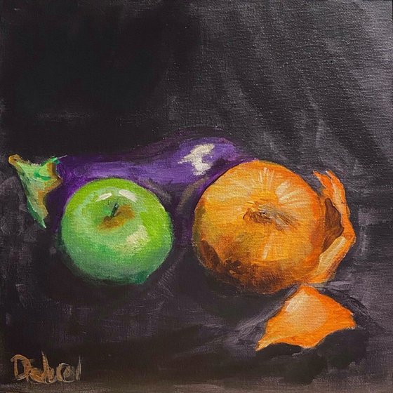 Still life with eggplant apple