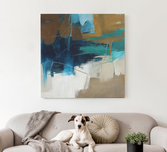 "Influence" Abstract navy teal brown art