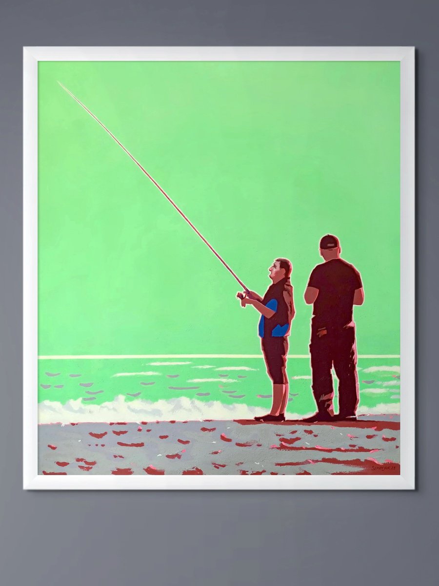 Impressionistic Landscape Acrylic Painting By Evgen Semenyuk, 28 X 31, Fishermen At Sunset, Original Artwork