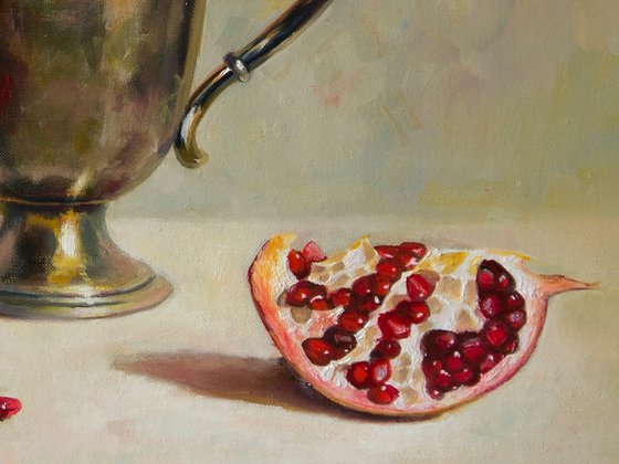 "English guest and pomegranates" still life teapot pomegranates liGHt original painting  GIFT (2020)