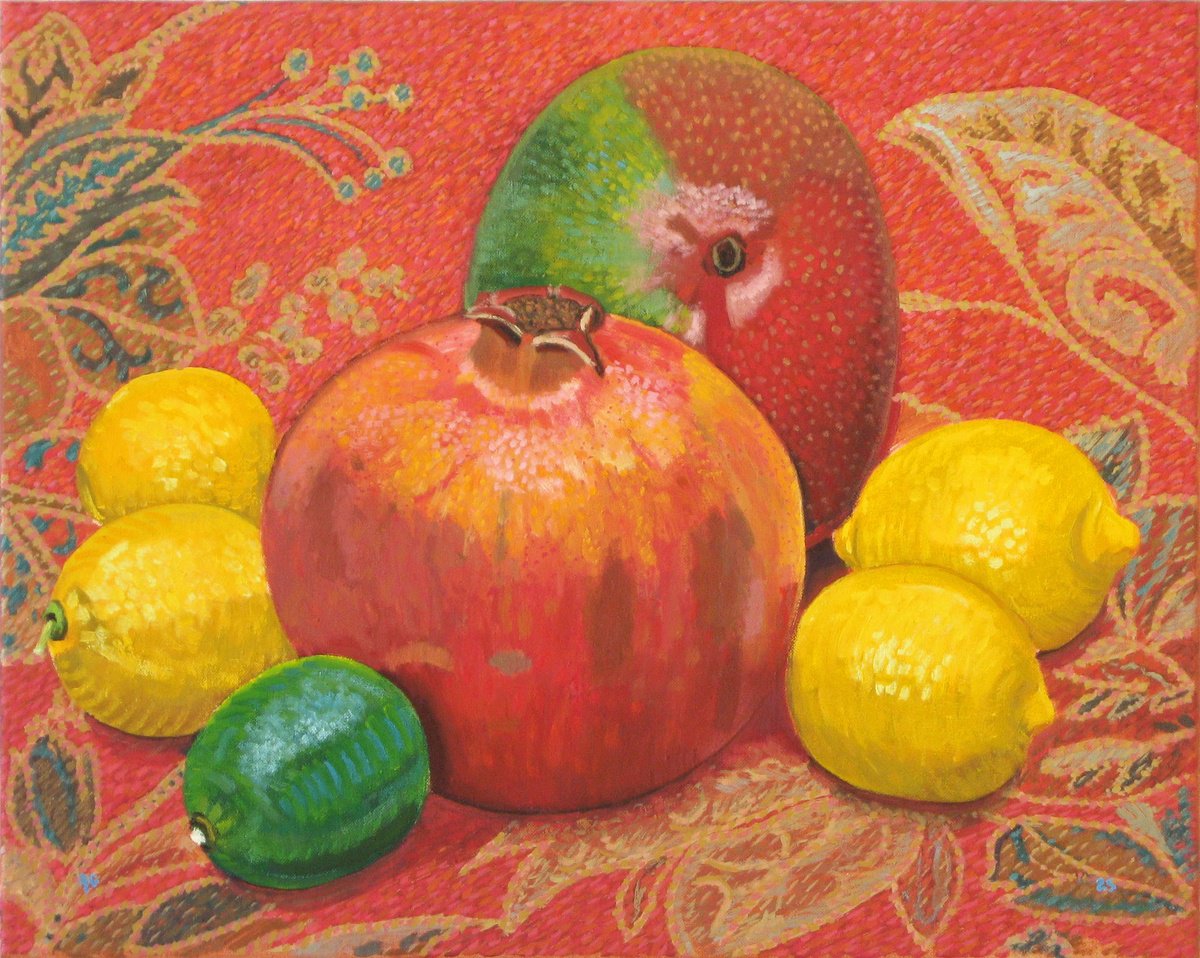 Still Life Oil Painting By Richard Gibson, 20 X 16", Fruit Against Textile, Original Artwork