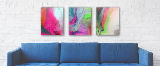 "Menage A Trois" - FREE USA SHIPPING - Original Triptych, Abstract PMS Acrylic Paintings Series - 48" x 20"