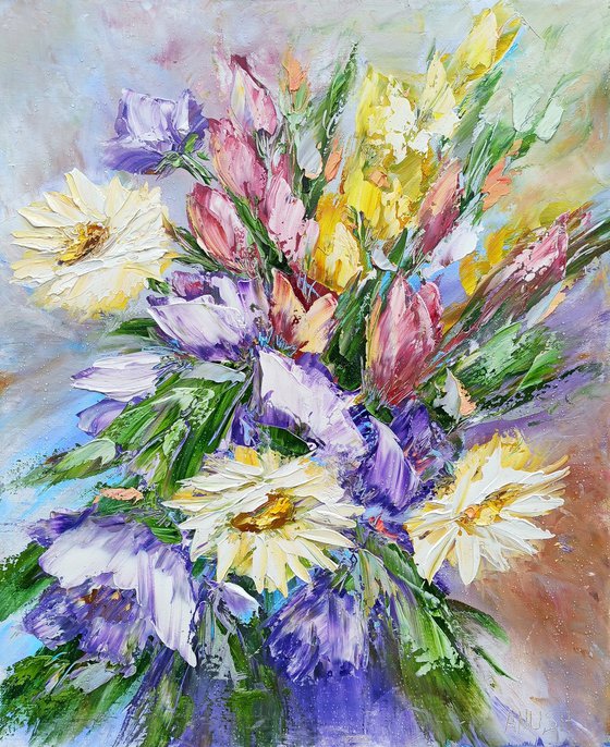 Textured field flowers (50x40cm, oil painting, palette knife)
