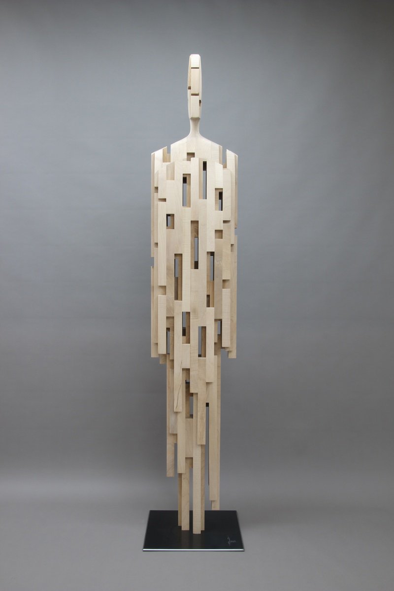 Portrait Wood Sculpture By Manfred Hellweger, 18 X 87", Human Flow Surtur, Original Artwork