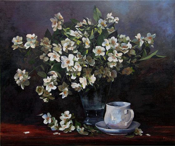 Jasminum Flower Still Life Oil Painting Original Art On Canvas 24 x 20