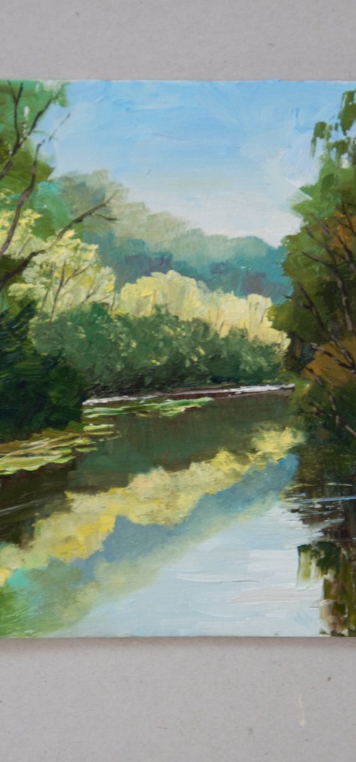 River landscape. Oil painting. 6 x 6in. by Tetiana Vysochynska