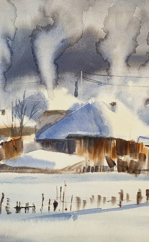 Sunny winter scenery with snow village by Elena Genkin