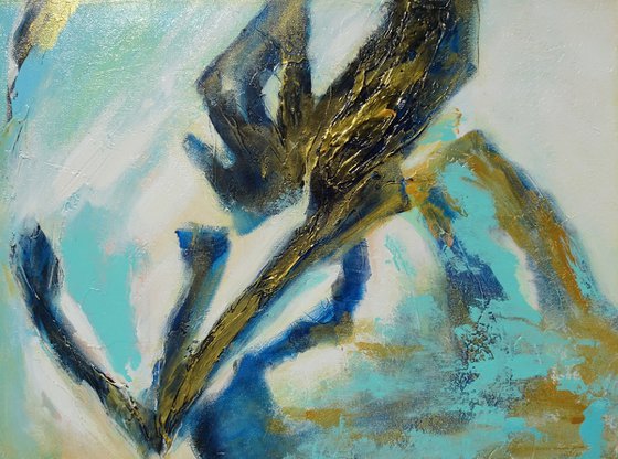 Blue and Gold Contemporary Abstract Landscape Painting. Modern Textured Art