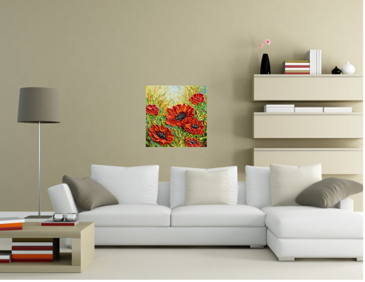 Red Poppies - Original Impasto Floral Painting, Palette Knife