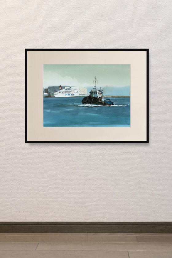 Tugboat and the Passenger Ship at Dusk