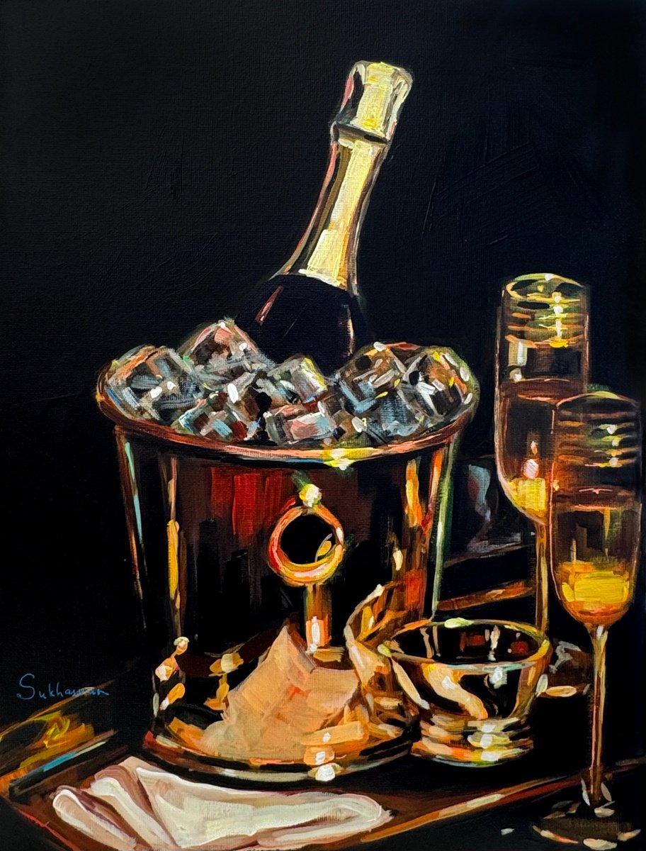 Impressionistic Still Life Acrylic Painting By Victoria Sukhasyan, 12 X 16", Still Life With Champagne, Original Artwork