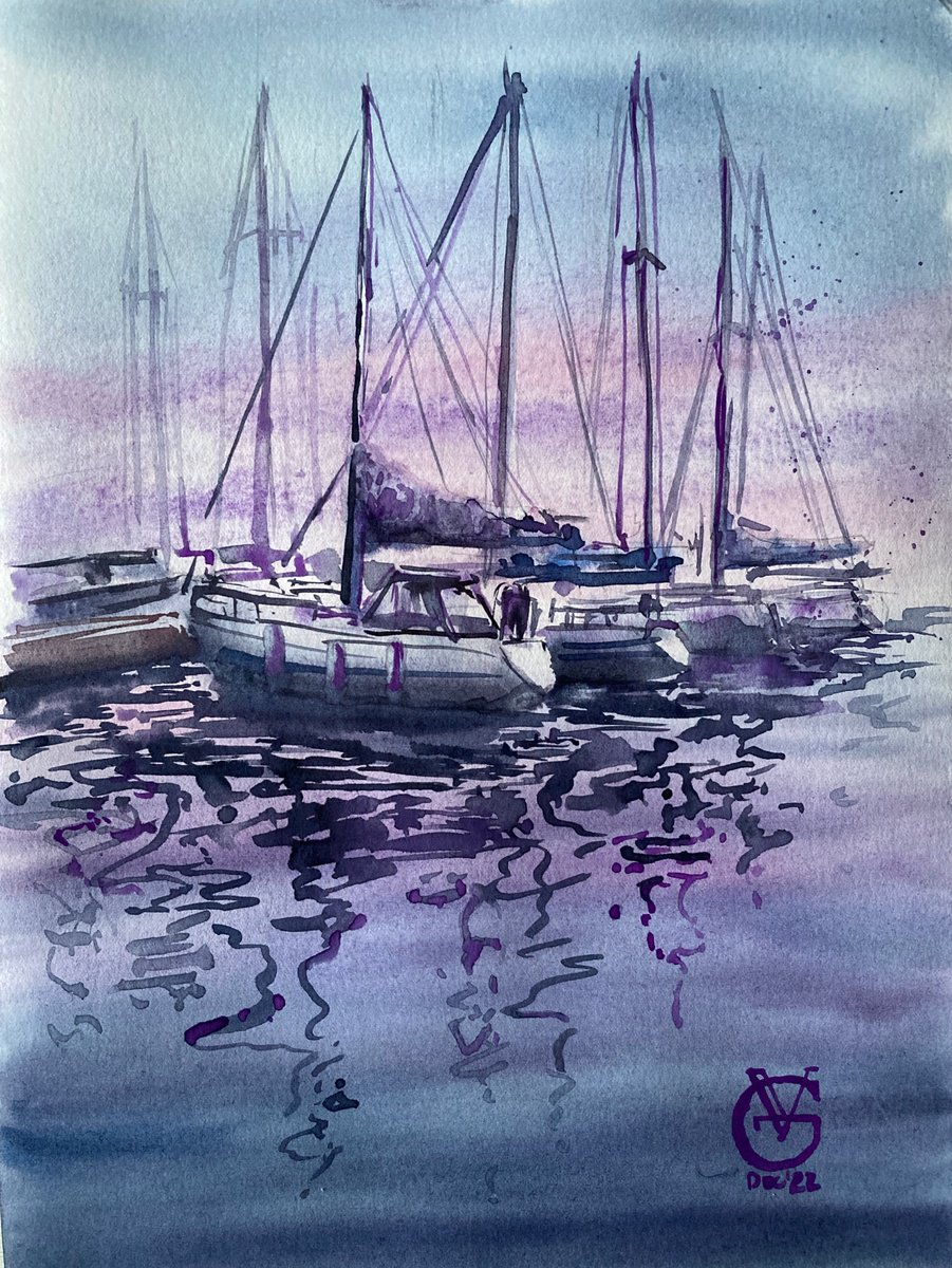 Impressionistic Landscape Watercolour By Valeria Golovenkina, 12 X 16", Yacht Club, Original Artwork