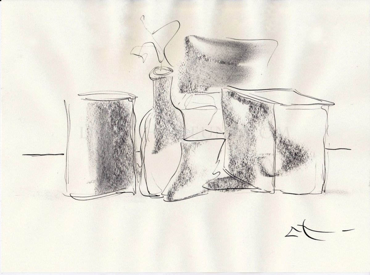Expressive Still Life Ink Drawing By Lionel Le Jeune, 12 X 8", Still Life, Original Artwork