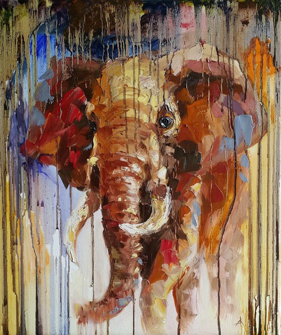 Coming out of the jungle - african elephant, painting on canvas, animals oil painting, Impressionism, palette knife, gift.