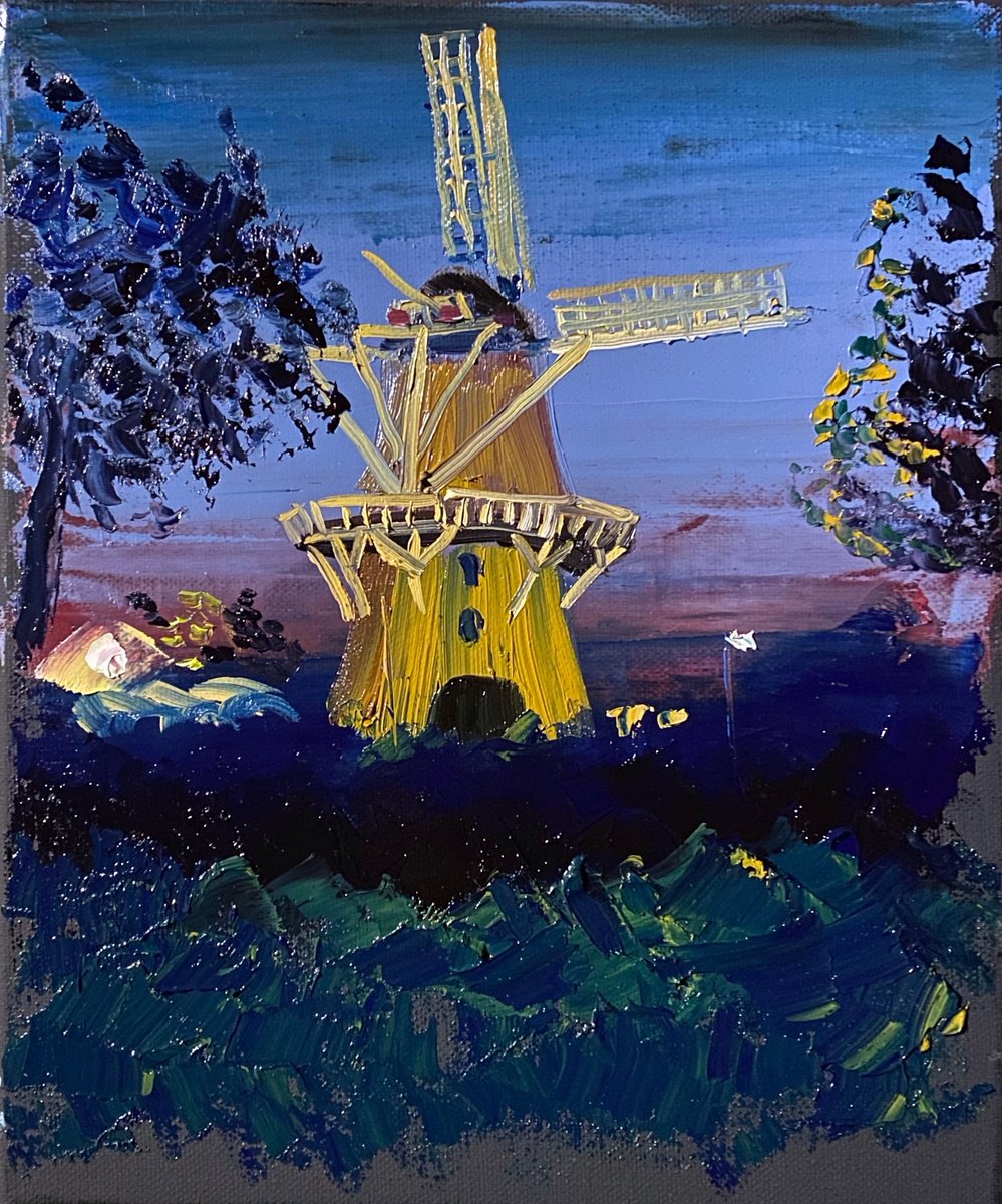 Impressionistic Cityscapes Oil Painting By Dmitry Fedorov, 10 X 12, Windmill At Night. Plein Air, Original Artwork