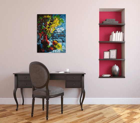 Still life with sunflowers (60x80cm, cubism, oil painting, ready to hang)