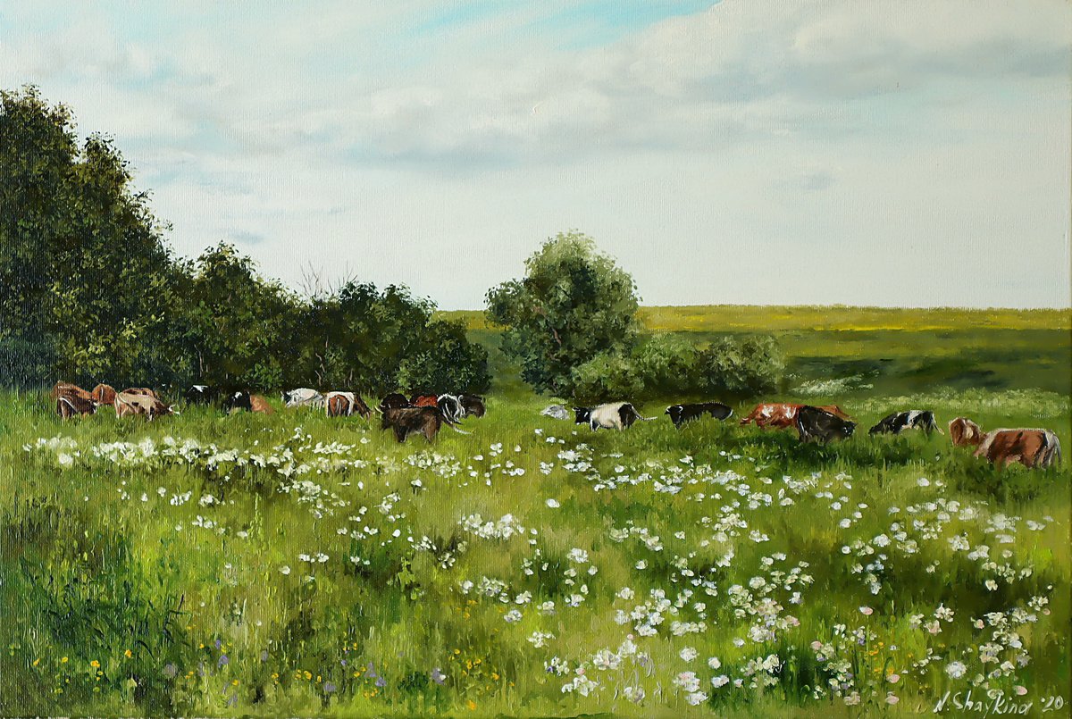 Cows in Meadow. Oil on Canvas. Original Painting by Natalia Shaykina