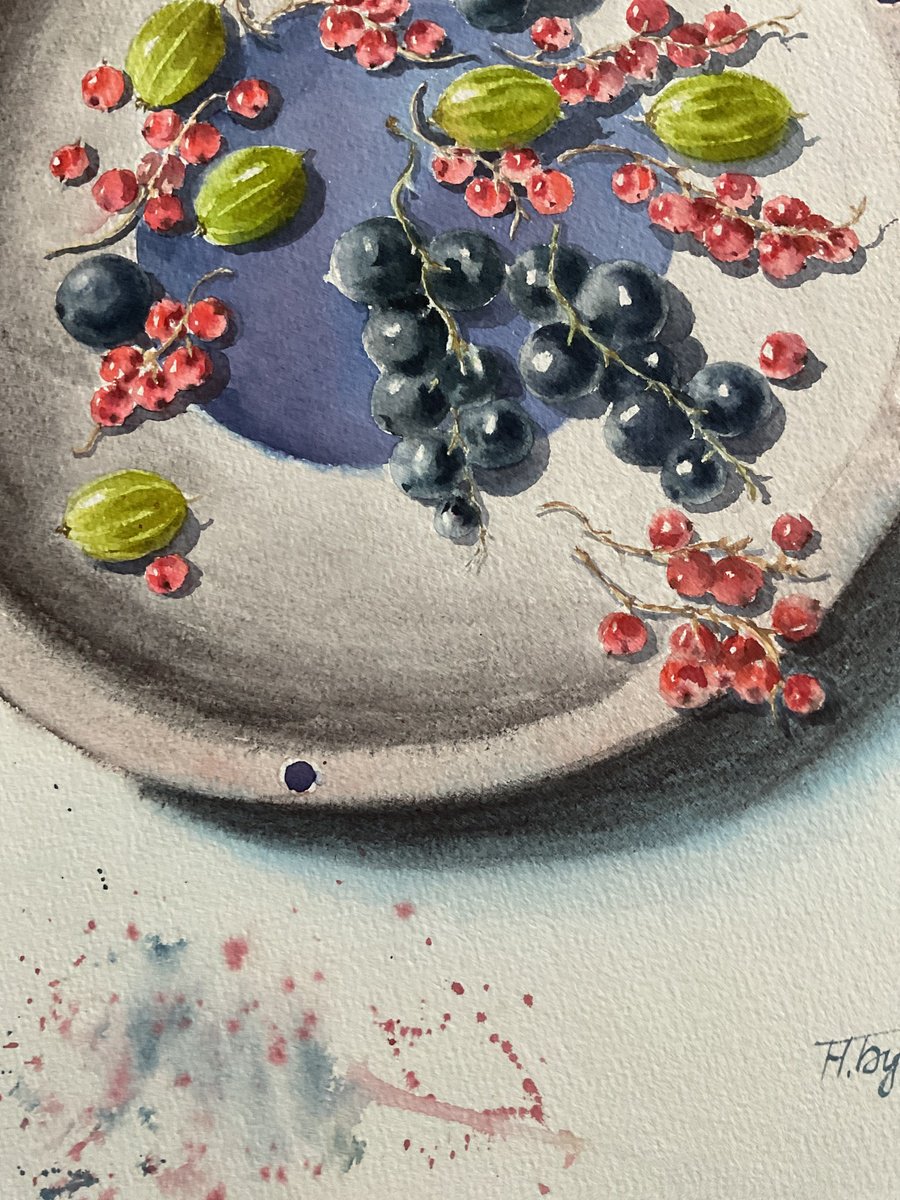 Illustrative Still Life Watercolour By Natalia Butenko, 11 X 15", Plate With Berries, Original Watercolour, Original Artwork