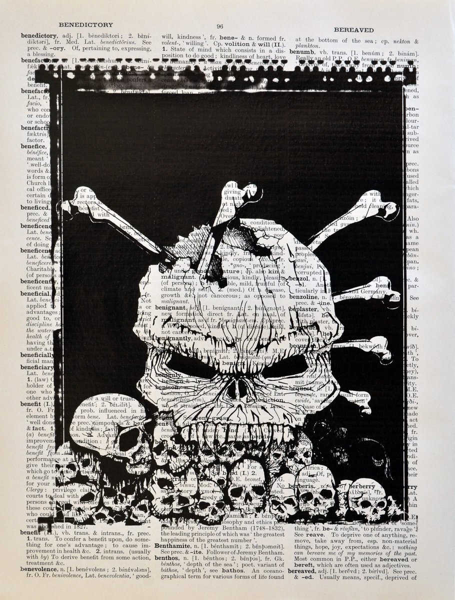 Too Many Skulls - Collage Art on Large Real English Dictionary Vintage Book Page by Jakub DK - JAKUB D KRZEWNIAK