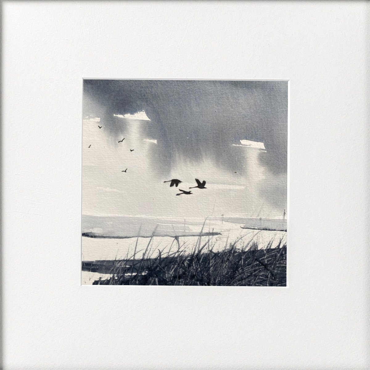 Monochrome Three Swans Marshland by Teresa Tanner