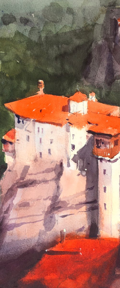 The original watercolor painting "Meteora, Greece. Rusanou Monastery" by Andrii Kovalyk