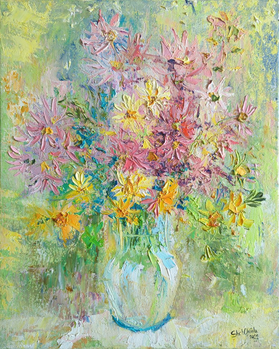 Bouquet a la prima pink on white . Light floral picture . Impressionistic etude by Helen Shukina