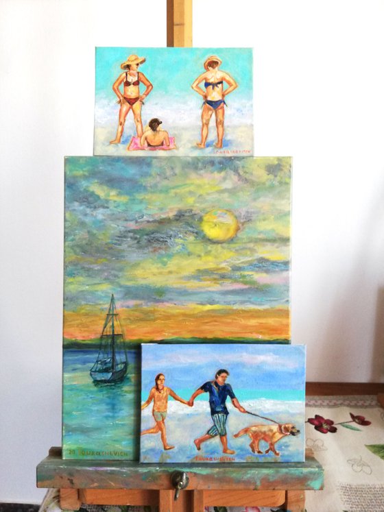 "Three Women Sunbathing " Original Oil on Canvas Board Painting 6 by 8.5 inches (15x21 cm)