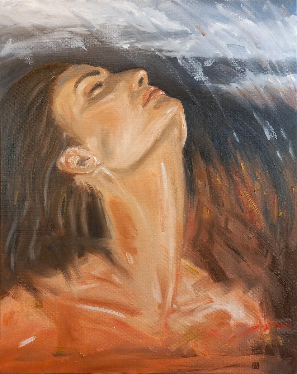 Battle. Oil woman portrait. Abstract portrait 40x50x1.5cm/ 19.7x15.7x0.6in by Tatiana Myreeva