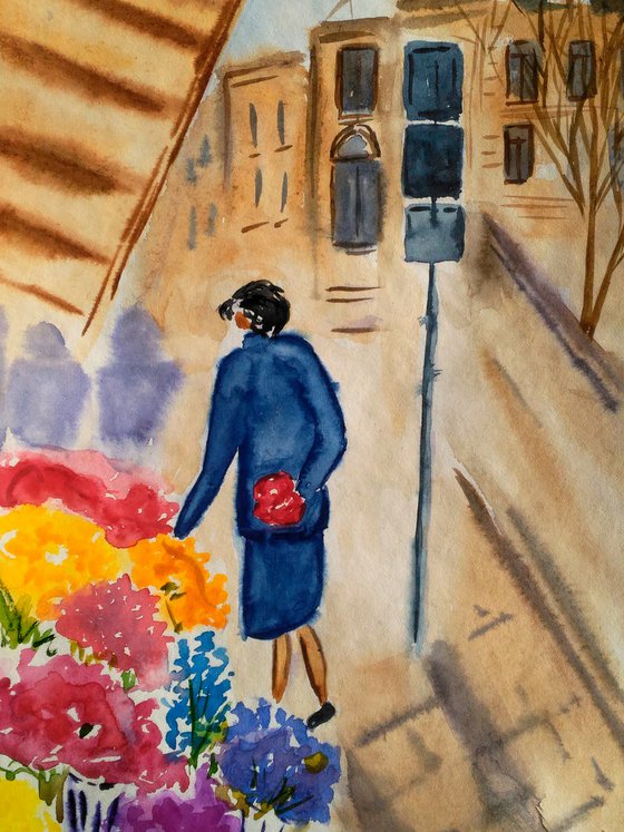 Paris Painting Cityscape Original Art Woman Watercolor Flower Shop Artwork Street Scene Small Home Wall Art 8 by 12" by Halyna Kirichenko