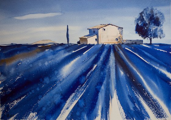 Lavender field in Provence. Color experiment in 2 colours. Medium watercolor pastel drawing bright colors France