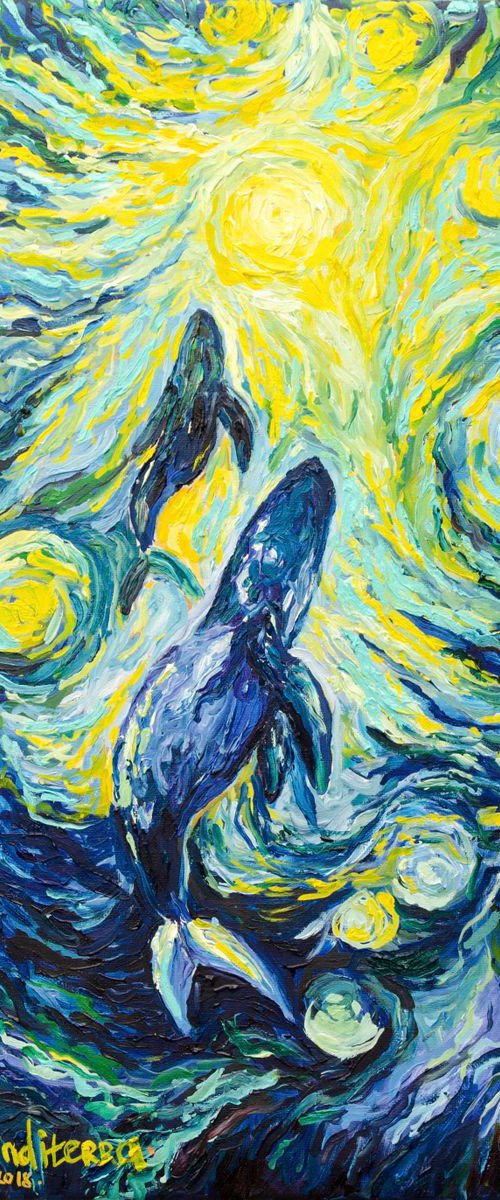 Whales - original impressionistic oil painting by Nino Ponditerra