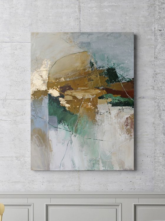 "Cliff 2" Green gray gold abstract art