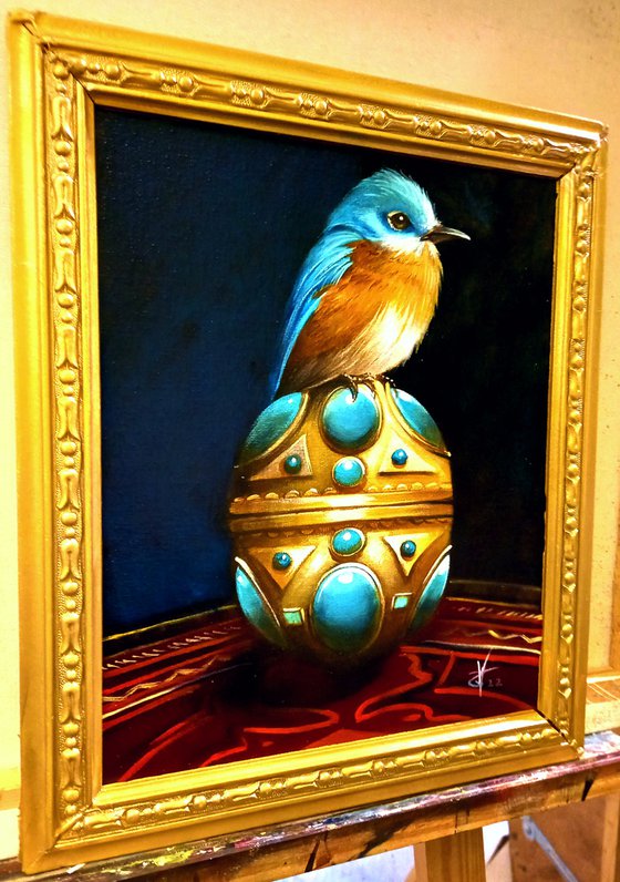 Sweet little blue bird - original acrylic on canvas framed- 26 x 31 cm /10 x 12 inches