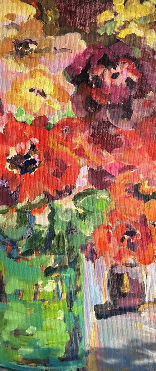 Poppies in Green Vase by Annette Wolters