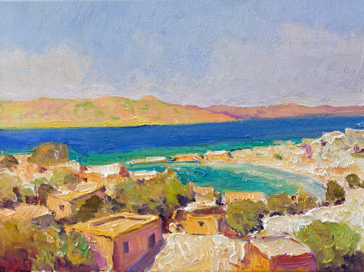 Expressive Landscape Oil Painting By Suren Nersisyan, 16 X 12", Greek Village By The Sea, Original Artwork