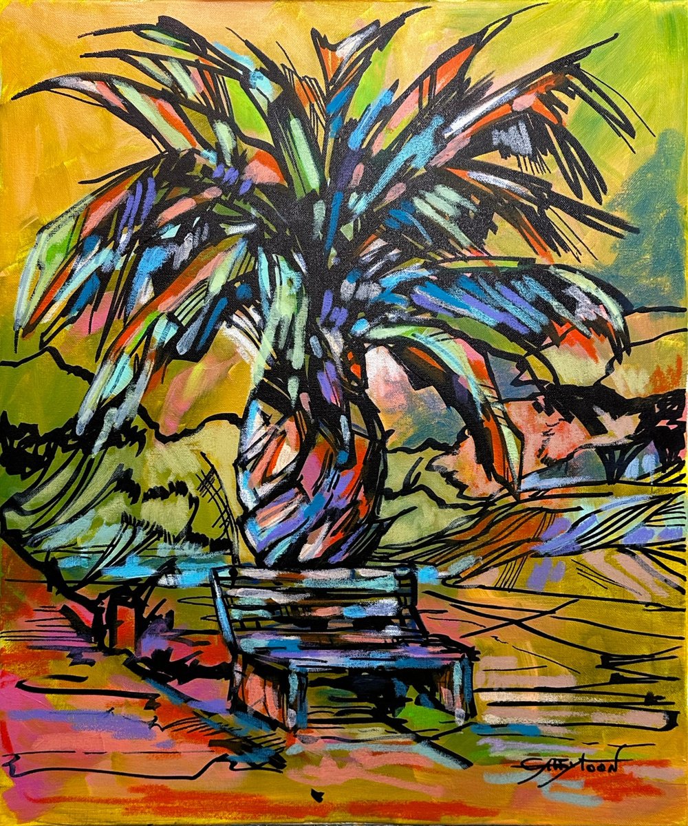Impressionistic Botanical Acrylic Painting By Gabriella Delamater, 20 X 24, 24X20 Turkish Palm Tree, Original Artwork