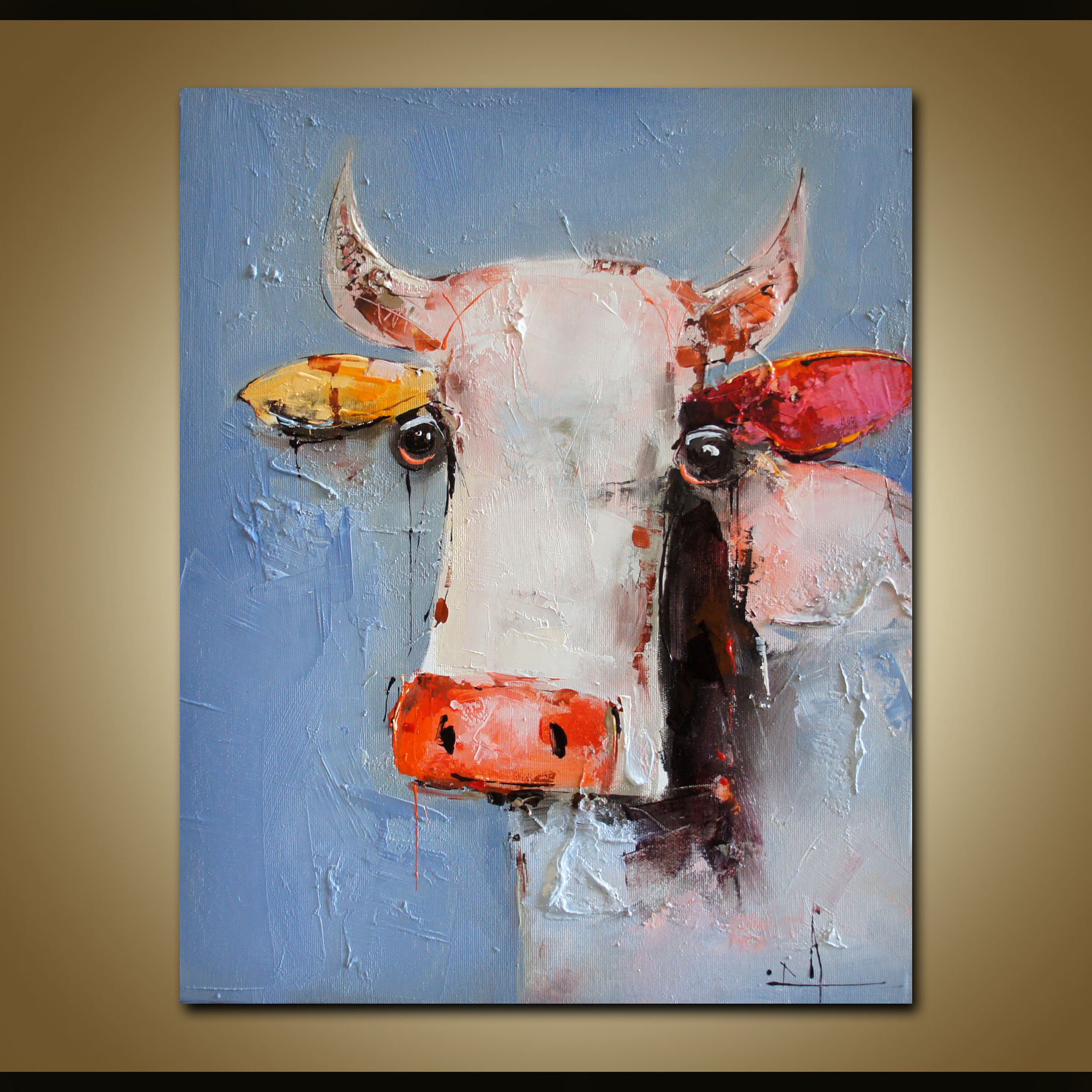 Abstract Animal Oil Painting By Stanislav Lazarov, 16 X 20", Colorful Cow, Original Artwork
