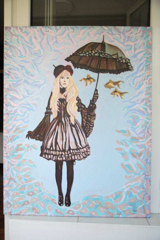 Girl with umbrella and three goldfish / 94.8  x 73.8 x 2.5 cm